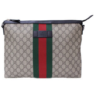 GUCCI Messenger Bag GG Supreme Canvas Leather Beige Black Clutch Shoulder